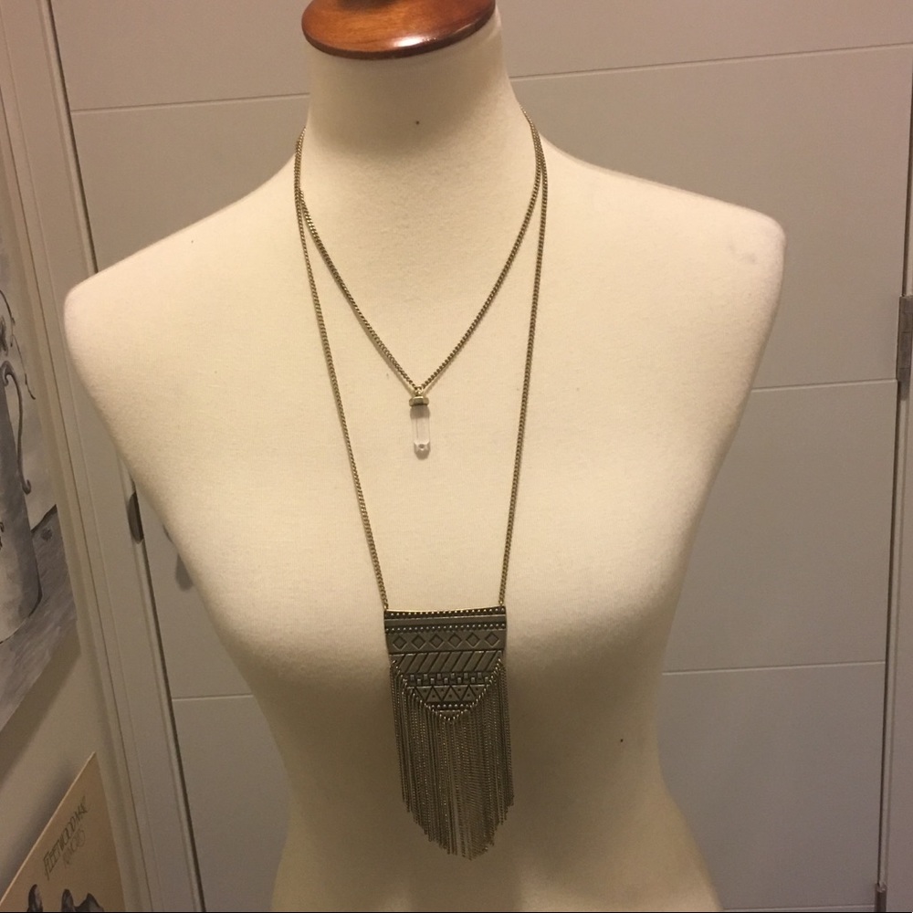 Layered brass necklace w/ crystal & shield NWOT